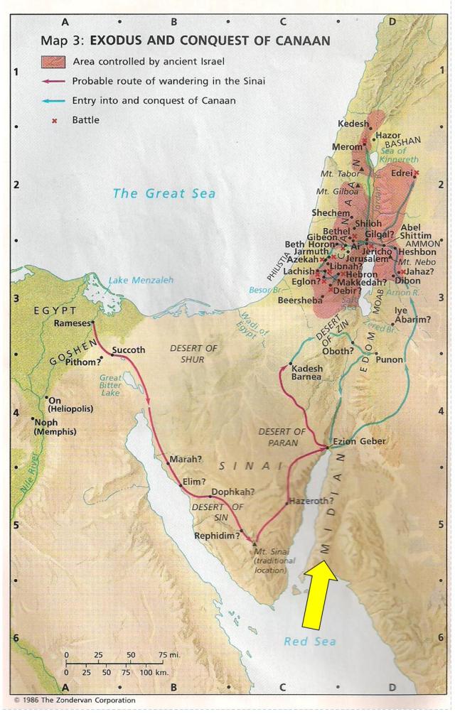 Note the locations of Midian, Moab, and Shittim.